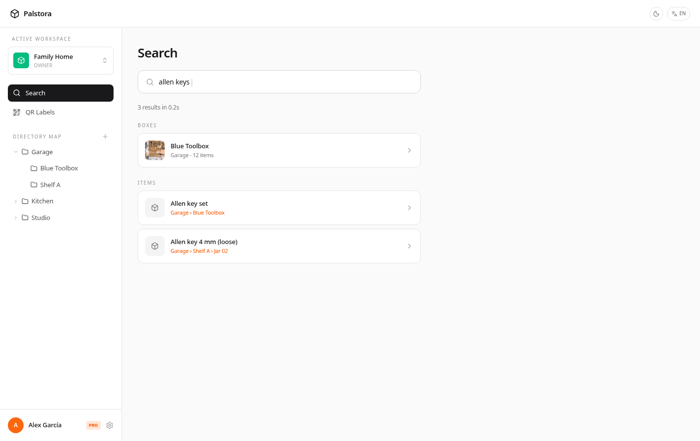 Palstora searchable catalog showing physical storage records